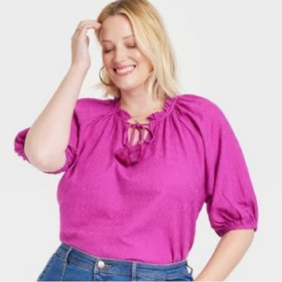 Knox Rose Tops - Knox Rose Puff Elbow Sleeve V Neck Peasant Blouse Top 2X Purple NEW